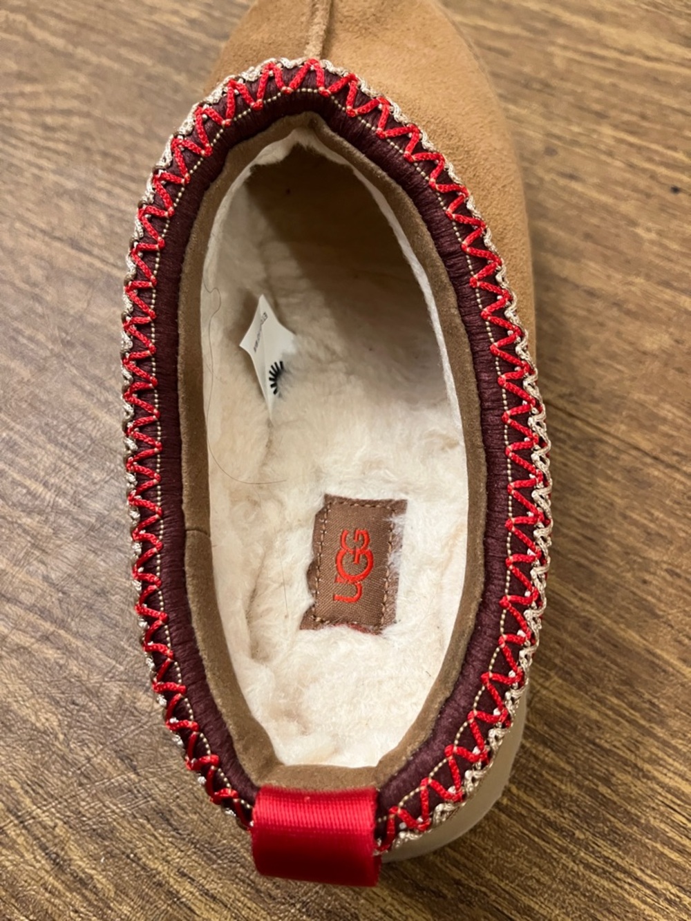 UGG Chestnut Suede Slip-On Clogs with Red Trim and Cream Lining. - Picture 4 of 8